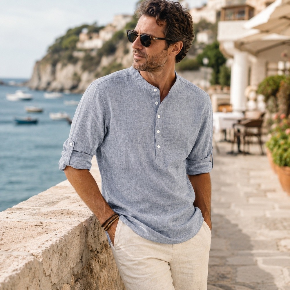 Henley Shirt Quarter Button Linen Blend Casual Buttoned Up Sleeve Resort Capsule